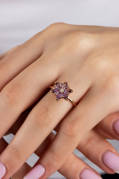 Silver Purple Gemstone Lotus Camellia Flower Ring