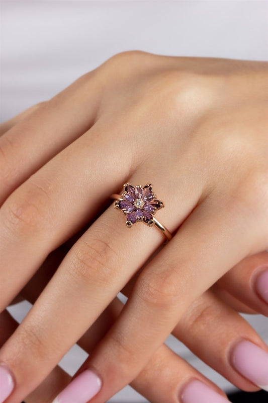 Silver Purple Gemstone Lotus Camellia Flower Ring