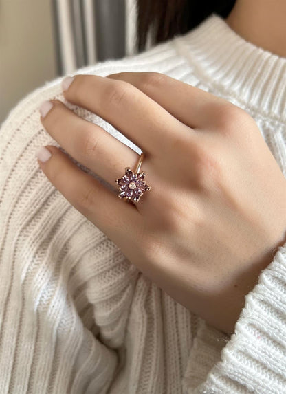 Silver Purple Gemstone Lotus Camellia Flower Ring