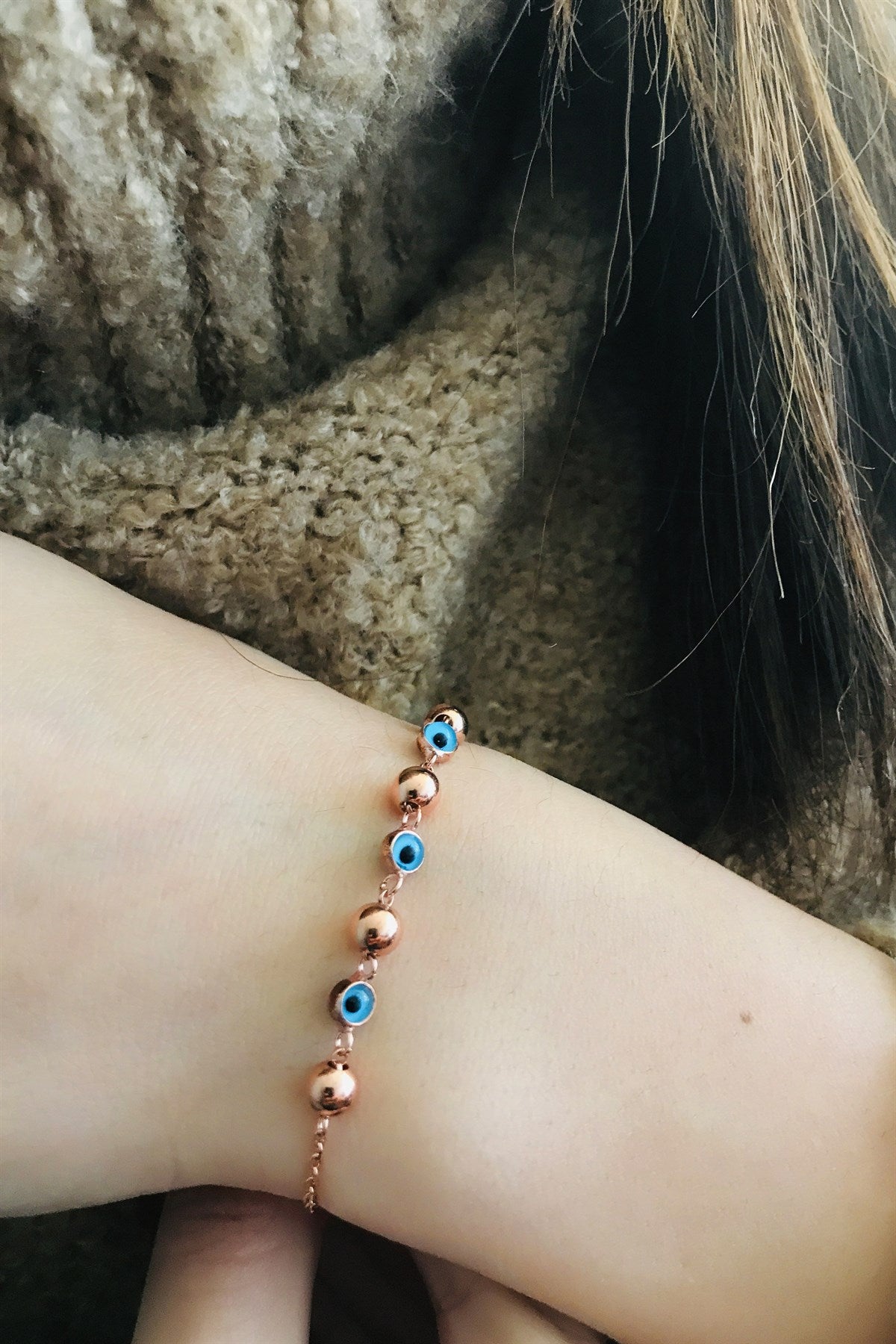 Pulsera de bolas de mal de ojo de plata