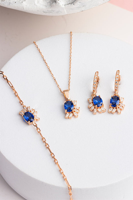 Silver Oval Sapphire Gemstone Necklace Earrings Bracelet Set