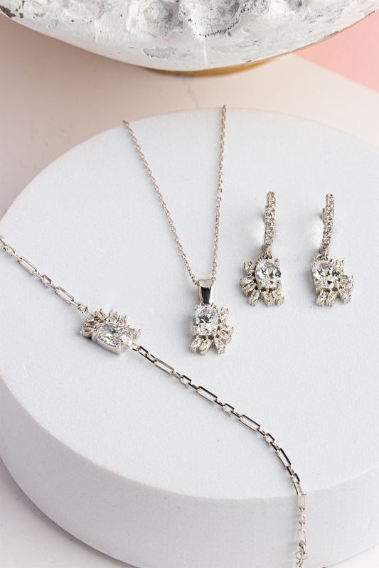 Silver Oval Gemstone Necklace Earrings Bracelet Set