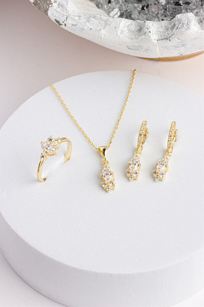 Silver Oval Gemstone Necklace Earrings Ring Set