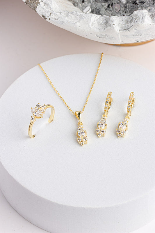 Silver Oval Gemstone Necklace Earrings Ring Set