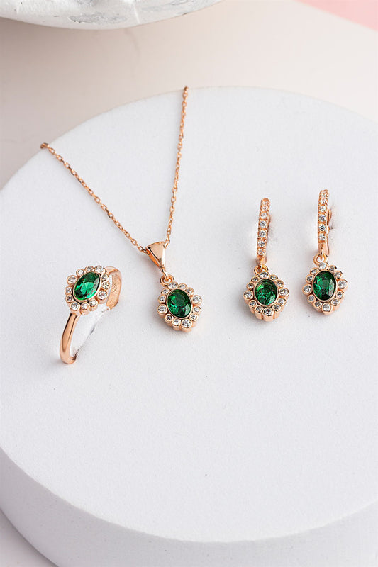 Silver Oval Emerald Gemstone Necklace Earrings Ring Set