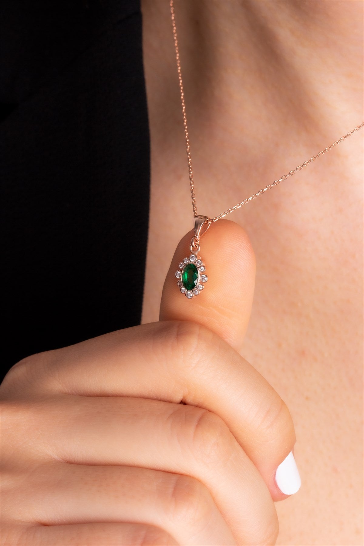 Silver Oval Emerald Gemstone Necklace Earrings Ring Set