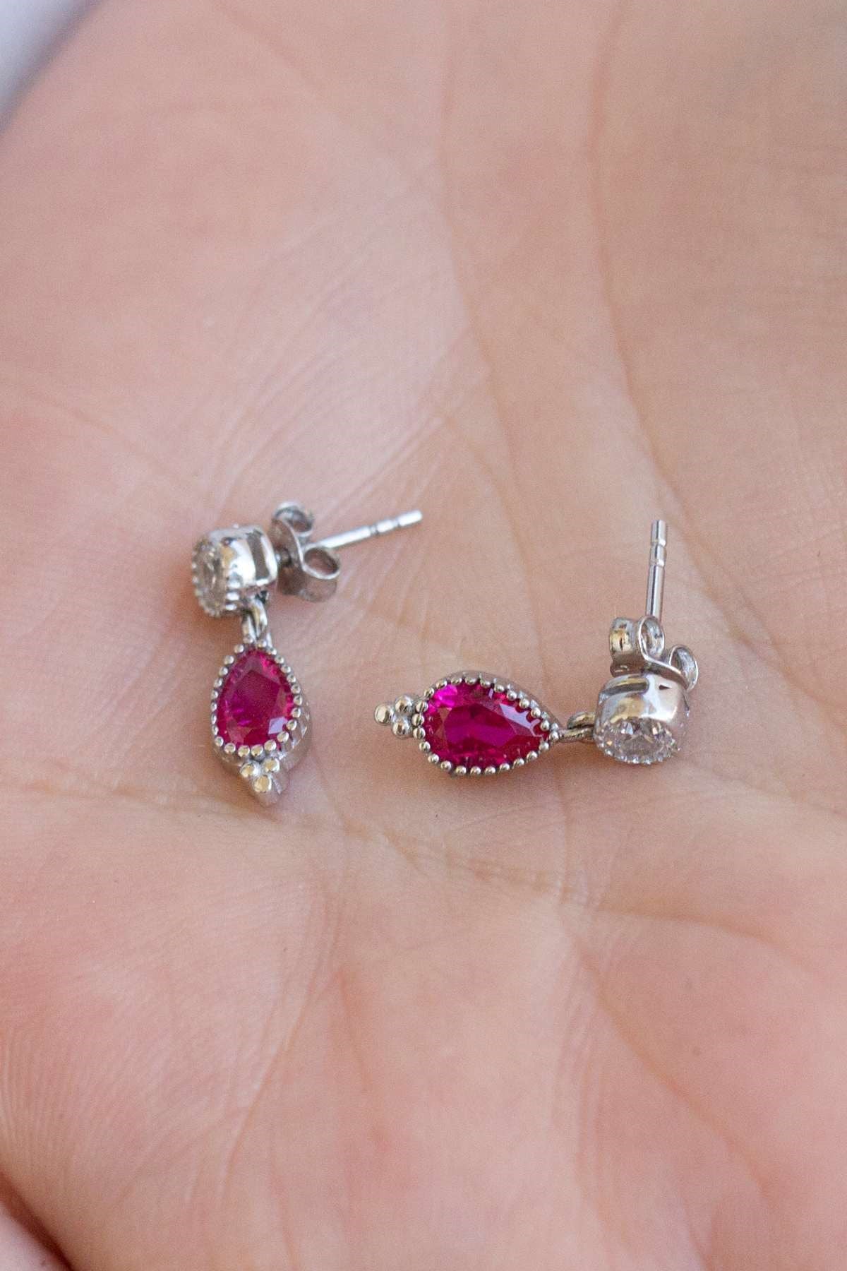 Silver Pink Gemstone Drop Earrings