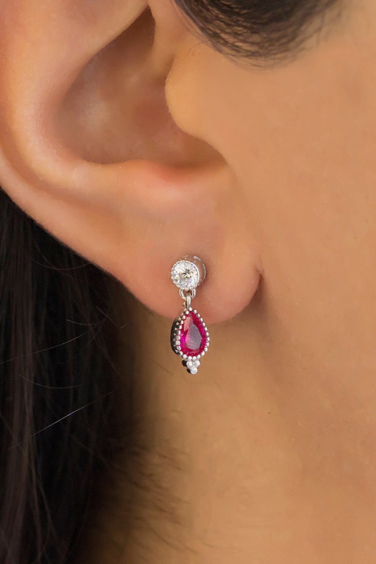 Silver Pink Gemstone Drop Earrings