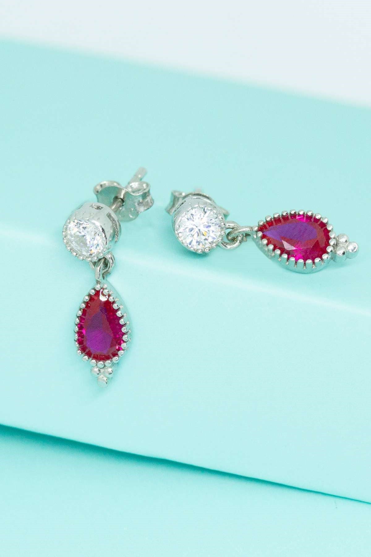Silver Pink Gemstone Drop Earrings
