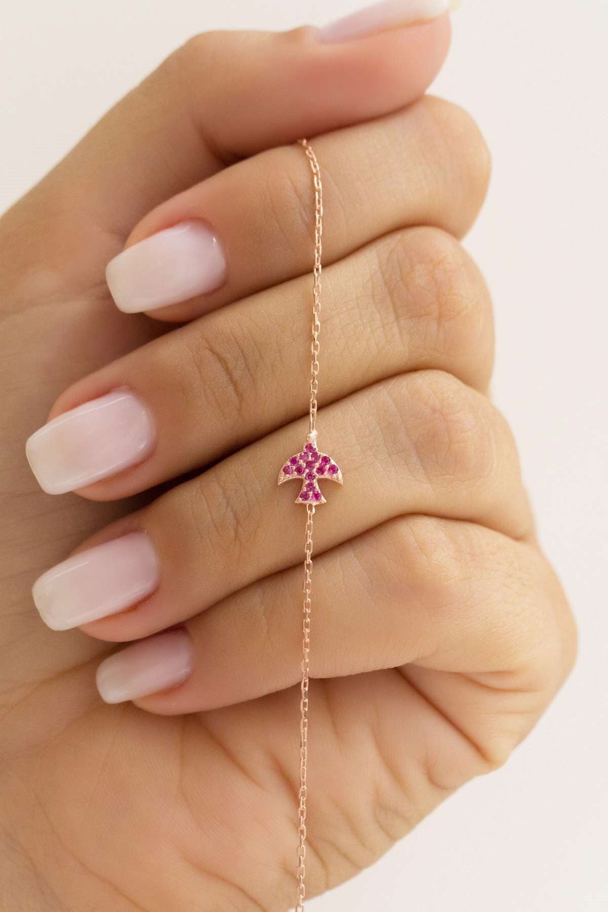 Silver Pink Gemstone Bird Bracelet