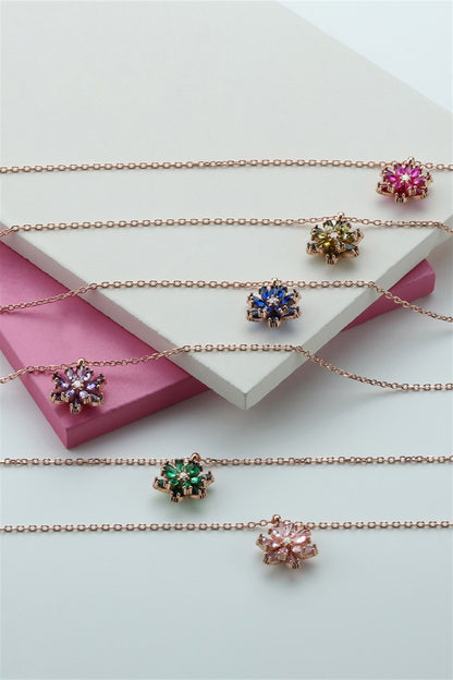 Silver Pink Gemstone Lotus Camellia Flower Necklace