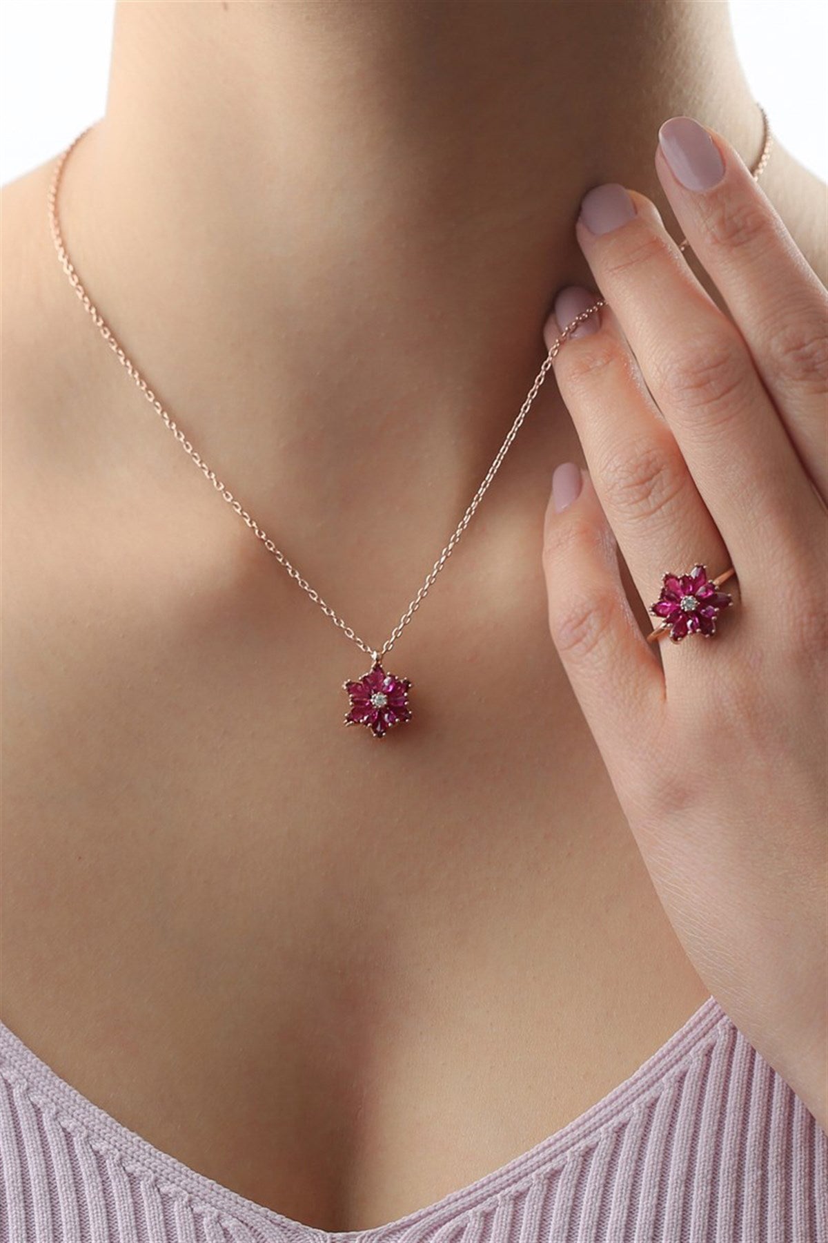 Silver Pink Gemstone Lotus Camellia Flower Necklace