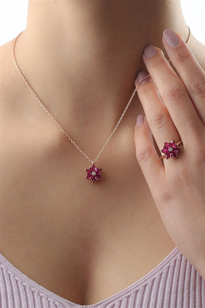 Silver Pink Gemstone Lotus Camellia Flower Necklace