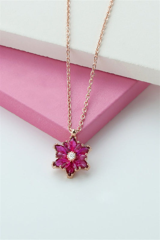 Silver Pink Gemstone Lotus Camellia Flower Necklace