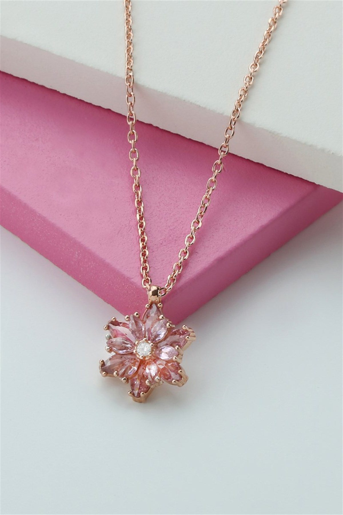 Silver Pink Gemstone Lotus Camellia Flower Necklace