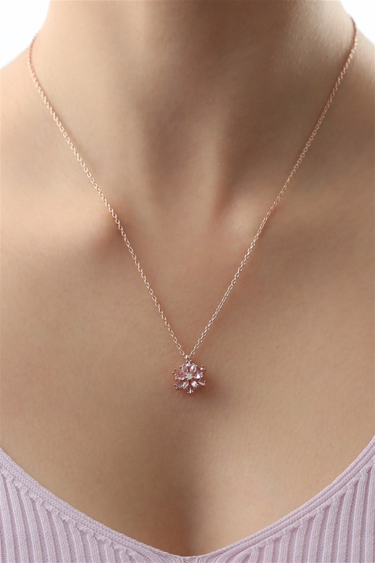 Silver Pink Gemstone Lotus Camellia Flower Necklace