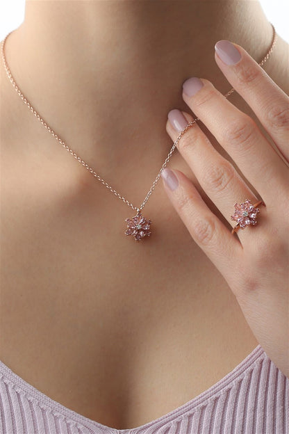 Silver Pink Gemstone Lotus Camellia Flower Necklace