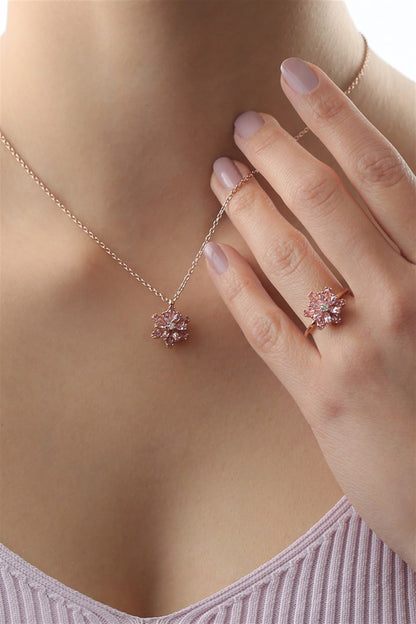 Silver Pink Gemstone Lotus Flower Necklace Ring Mini Set