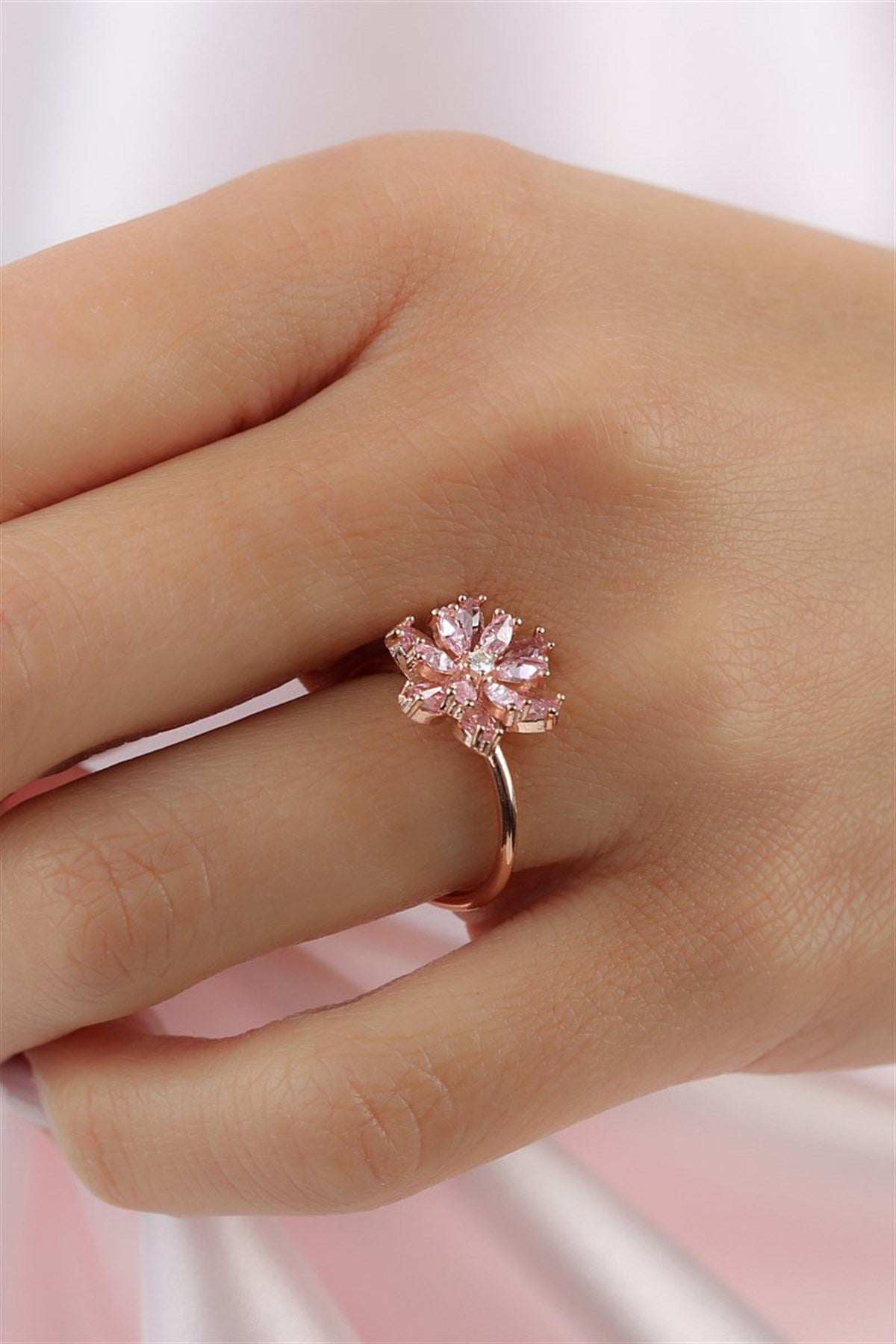 Silver Pink Gemstone Lotus Flower Necklace Ring Mini Set