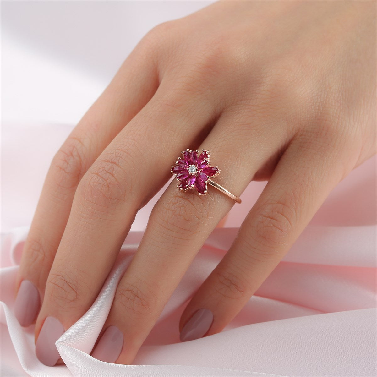 Silver Pink Gemstone Lotus Flower Necklace Ring Mini Set