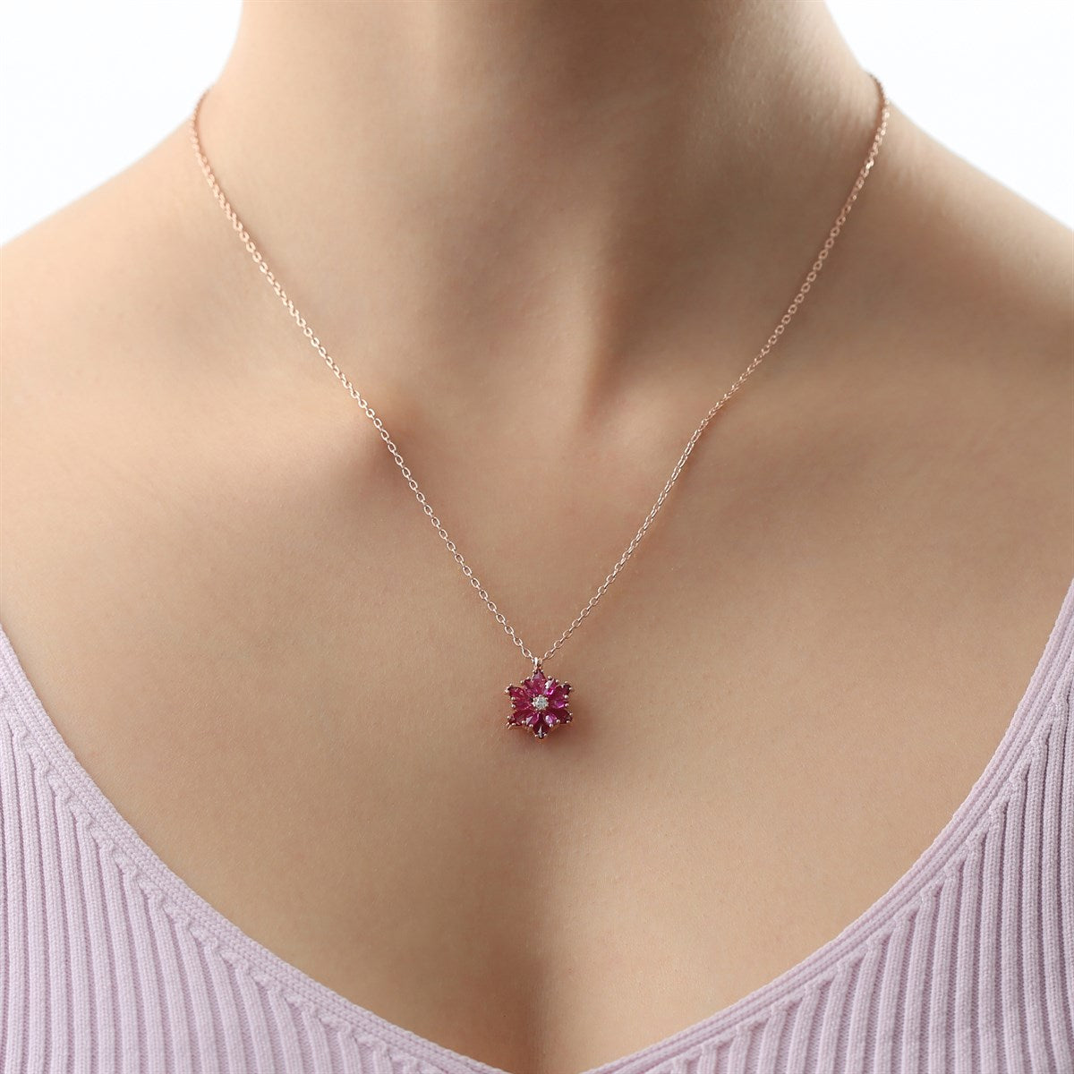 Silver Pink Gemstone Lotus Flower Necklace Ring Mini Set