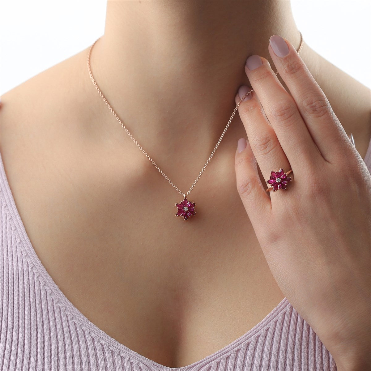 Silver Pink Gemstone Lotus Flower Necklace Ring Mini Set