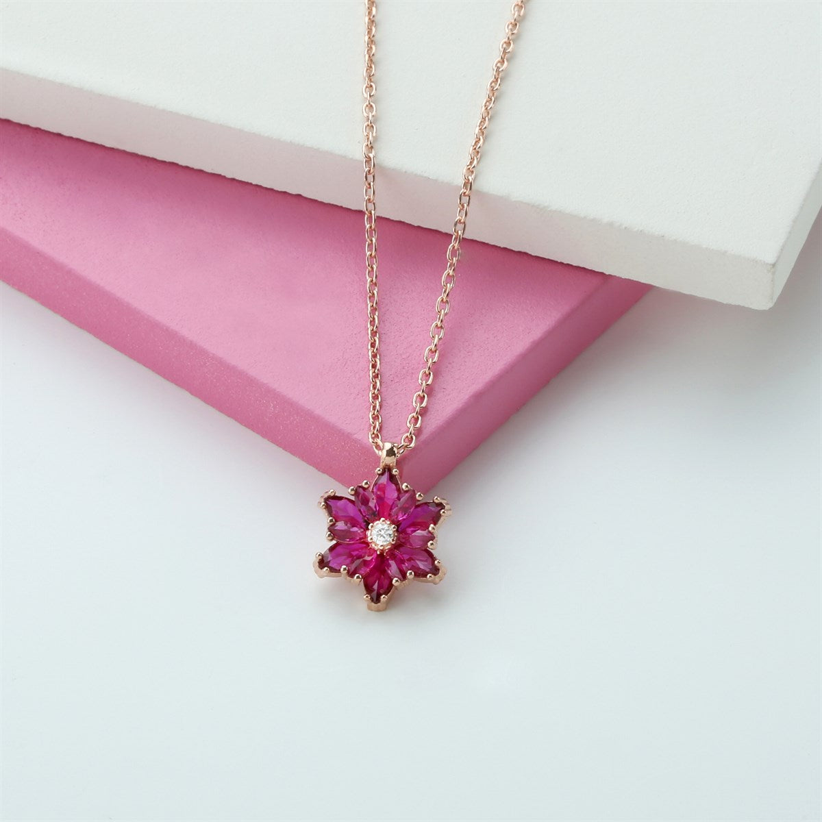 Silver Pink Gemstone Lotus Flower Necklace Ring Mini Set