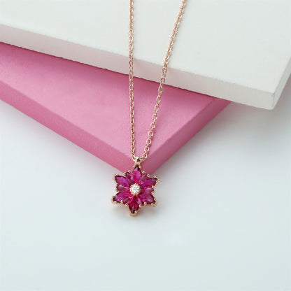 Silver Pink Gemstone Lotus Flower Necklace Ring Mini Set