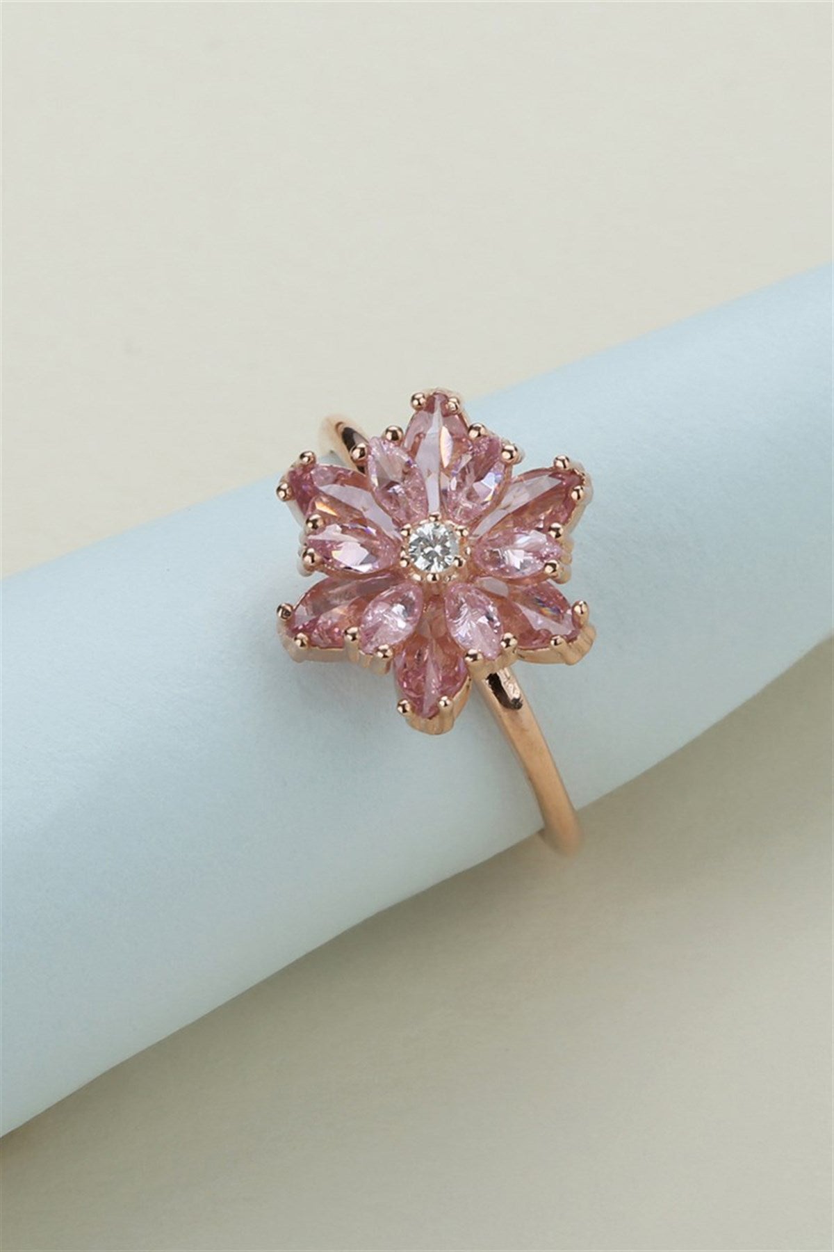 Silver Pink Gemstone Lotus Camellia Flower Ring