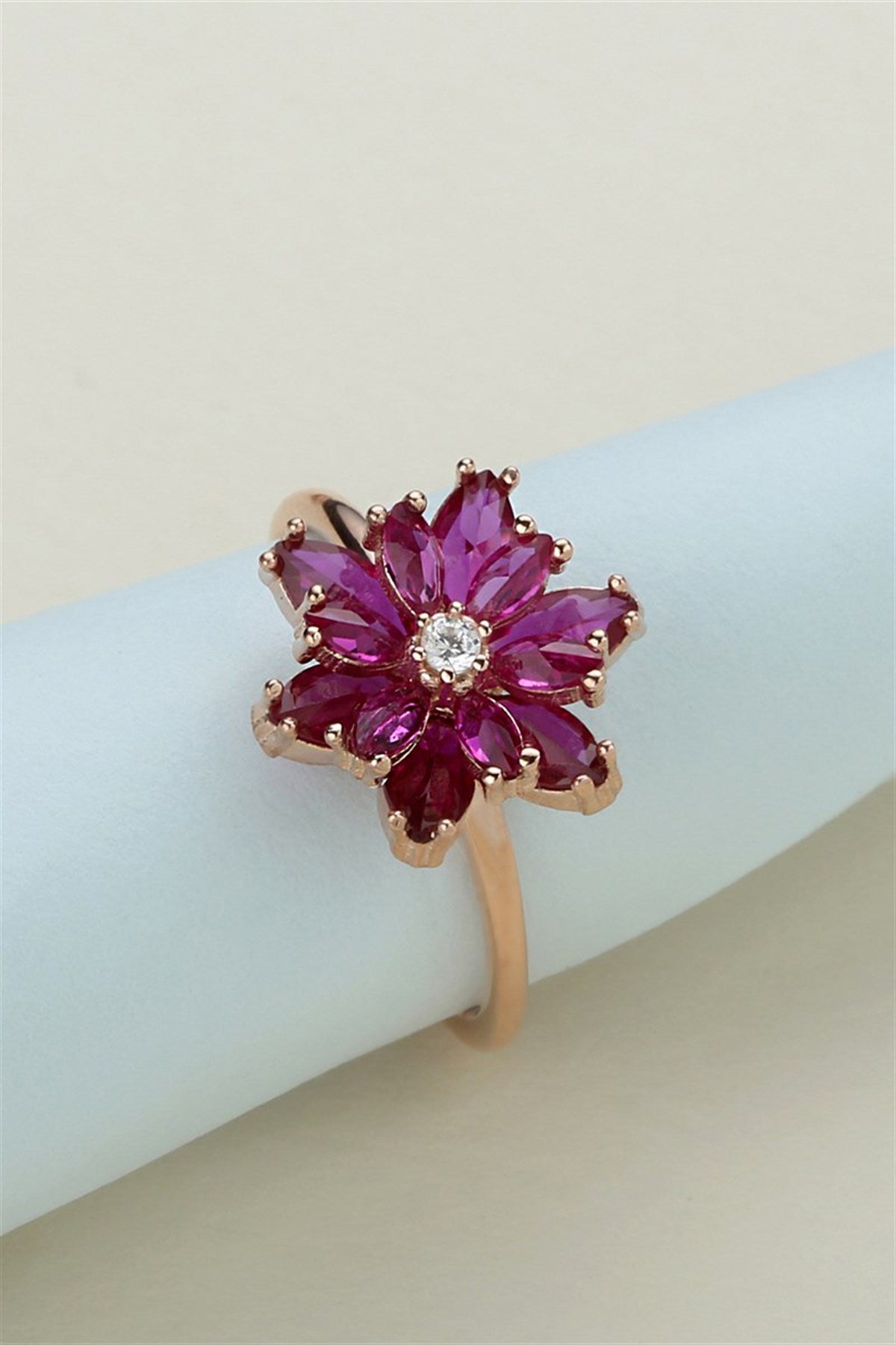 Silver Pink Gemstone Lotus Camellia Flower Ring