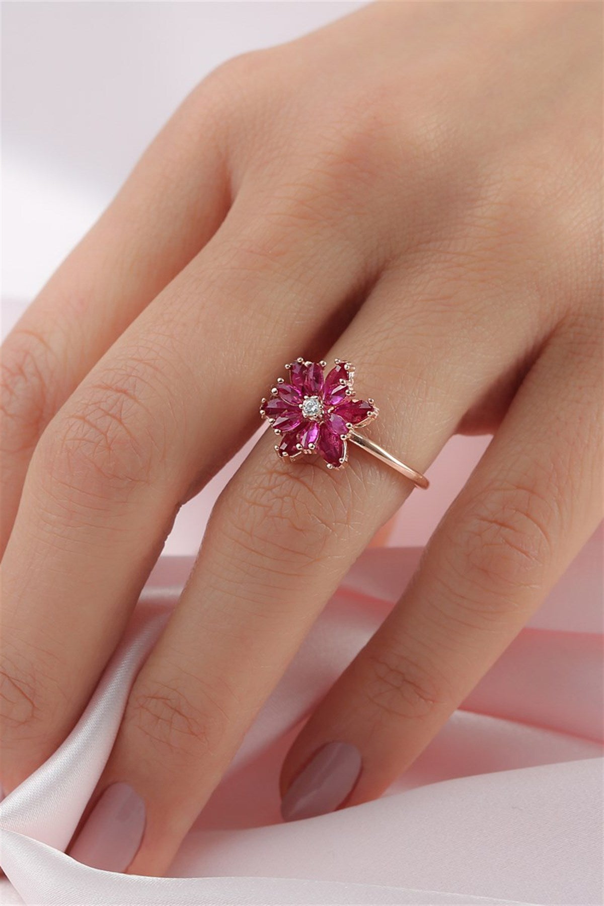 Silver Pink Gemstone Lotus Camellia Flower Ring