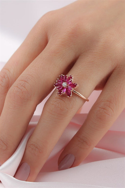 Silver Pink Gemstone Lotus Camellia Flower Ring