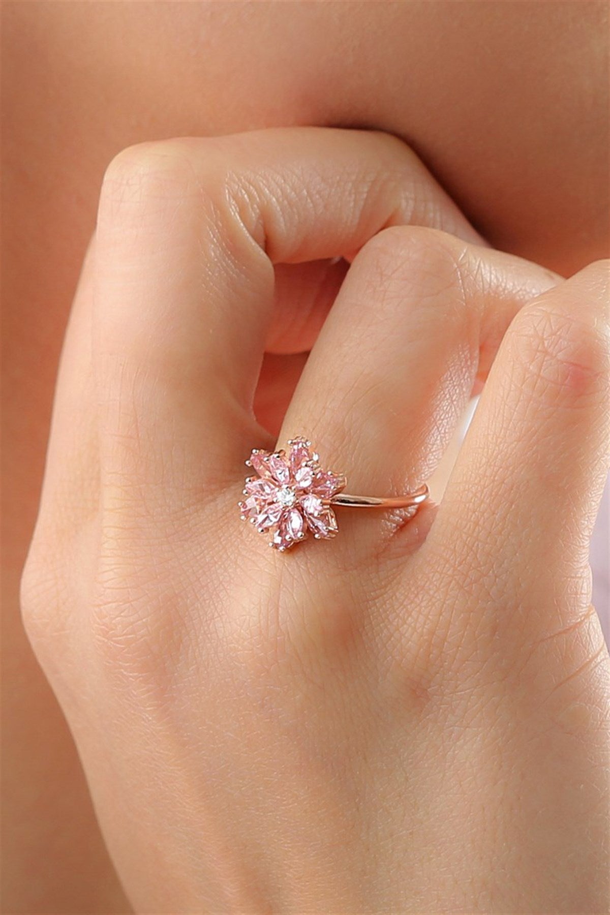 Silver Pink Gemstone Lotus Camellia Flower Ring