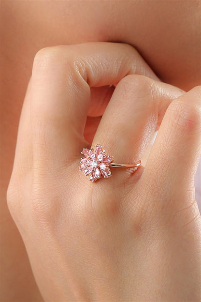 Silver Pink Gemstone Lotus Camellia Flower Ring