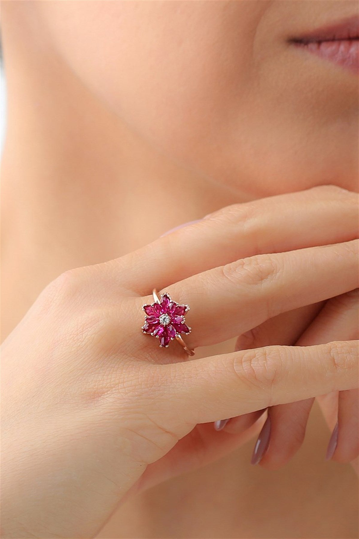 Silver Pink Gemstone Lotus Camellia Flower Ring