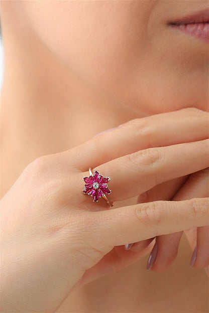 Silver Pink Gemstone Lotus Camellia Flower Ring