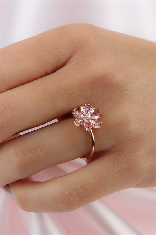 Silver Pink Gemstone Lotus Camellia Flower Ring