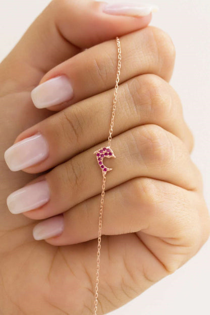 Silver Pink Gemstone Dolphin Bracelet