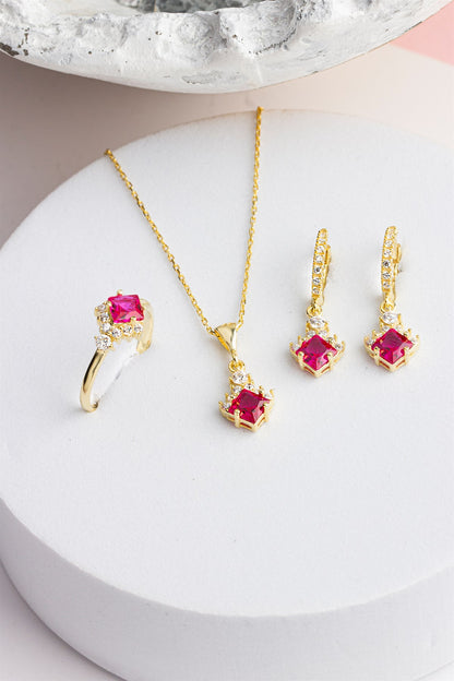 Silver Princess Ruby Gemstone Necklace Earrings Ring Set