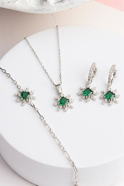 Silver Princess Emerald Gemstone Necklace Earrings Bracelet Set