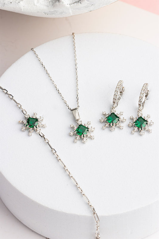 Silver Princess Emerald Gemstone Necklace Earrings Bracelet Set
