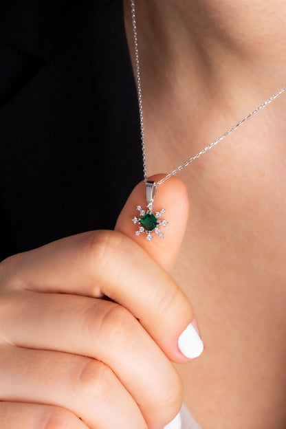 Silver Princess Emerald Gemstone Necklace Earrings Bracelet Set