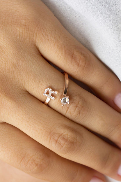 Silver Initial Solitaire Adjustable Ring