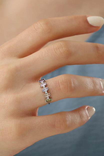 Bague en argent avec pierres précieuses baguette colorées