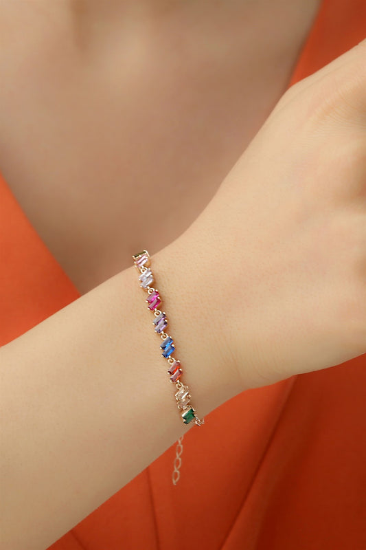 Bracelet chaîne en argent avec pierres précieuses baguette colorées