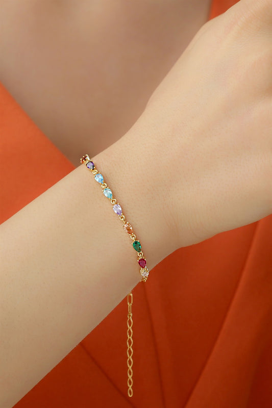 Silver Colorful Drop Gemstone Waterway Chain Bracelet