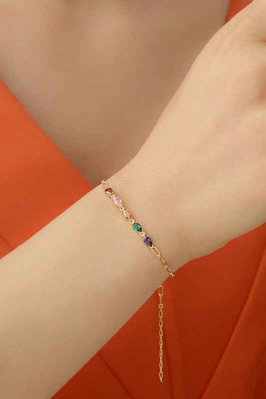 Silver Colorful Drop Gemstone Chain Bracelet