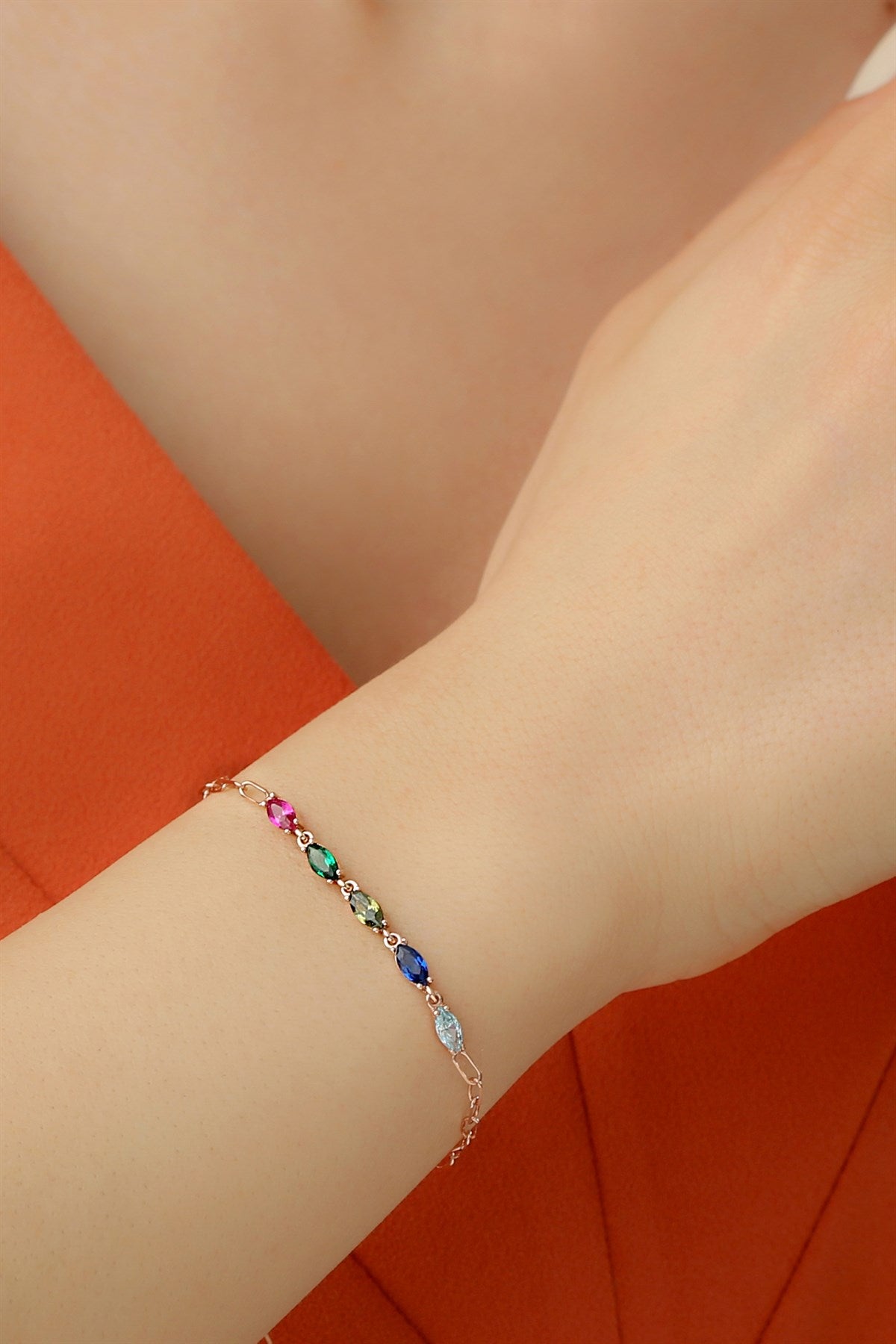 Silver Colorful Shuttle Gemstone Waterway Bracelet