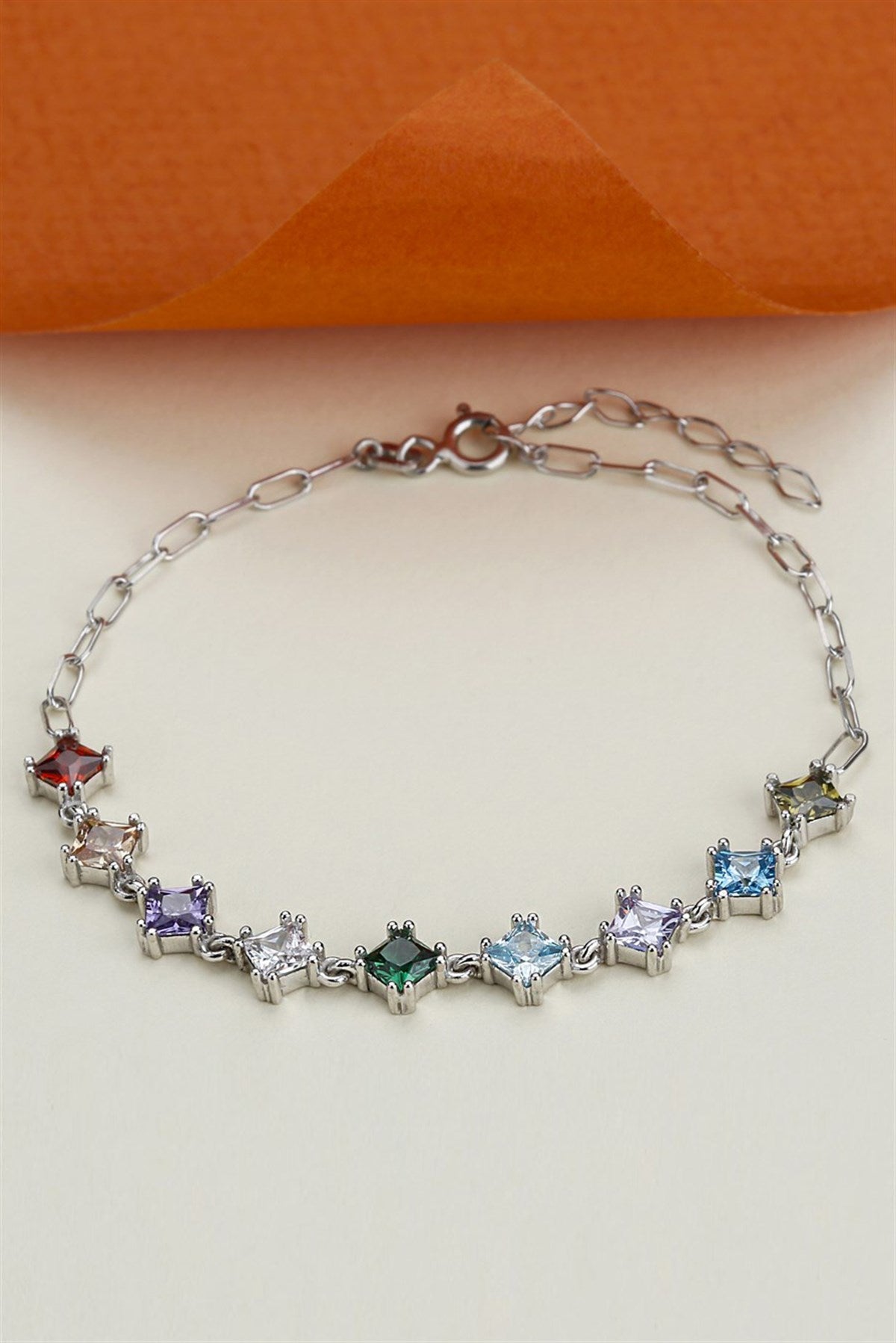 Silver Colorful Princess Gemstone Chain Bracelet