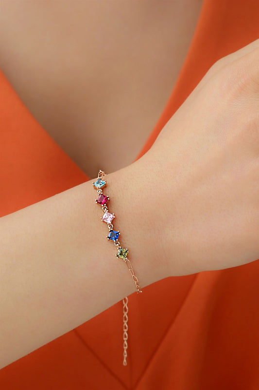 Silver Colorful Princess Gemstone Chain Bracelet